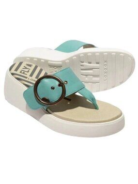 FLY LONDON Dafi SANDALS EU 41 10 10.5 Platform Wedge Thong Turquoise Leather NEW